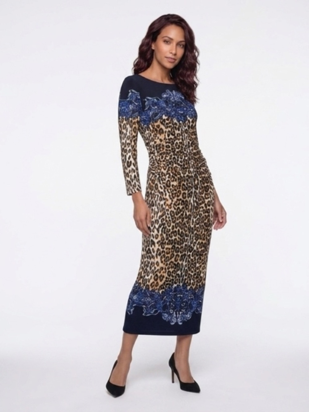 Maggy London Blue & Leopard Print Long Sleeve Midi Dress